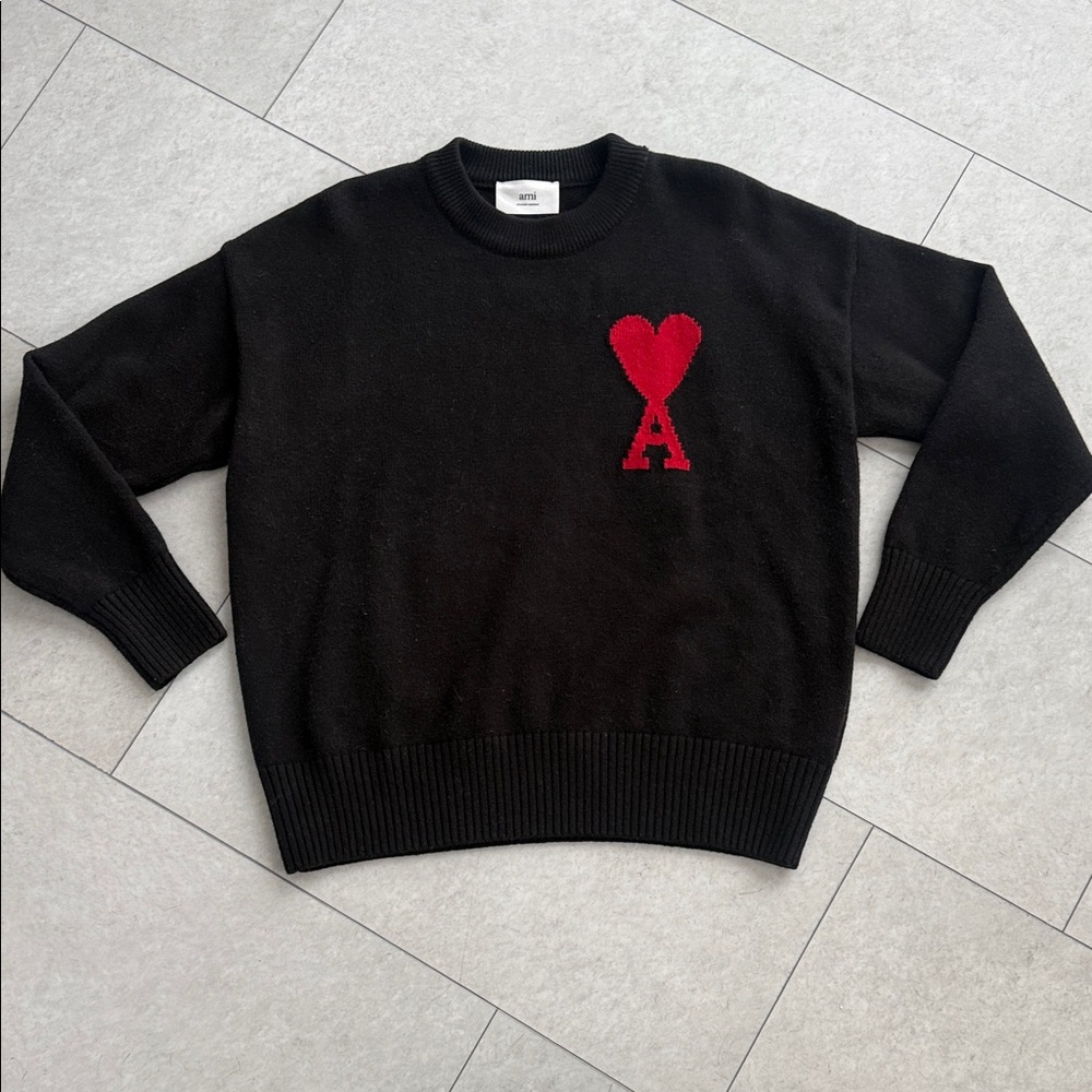 Black Sweater with Red Heart Design- L